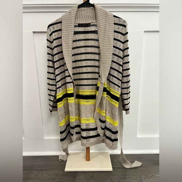 The Limited Cream Yellow Black Striped Open Front Belted Cardigan Sweater sz Med - Picture 8 of 9